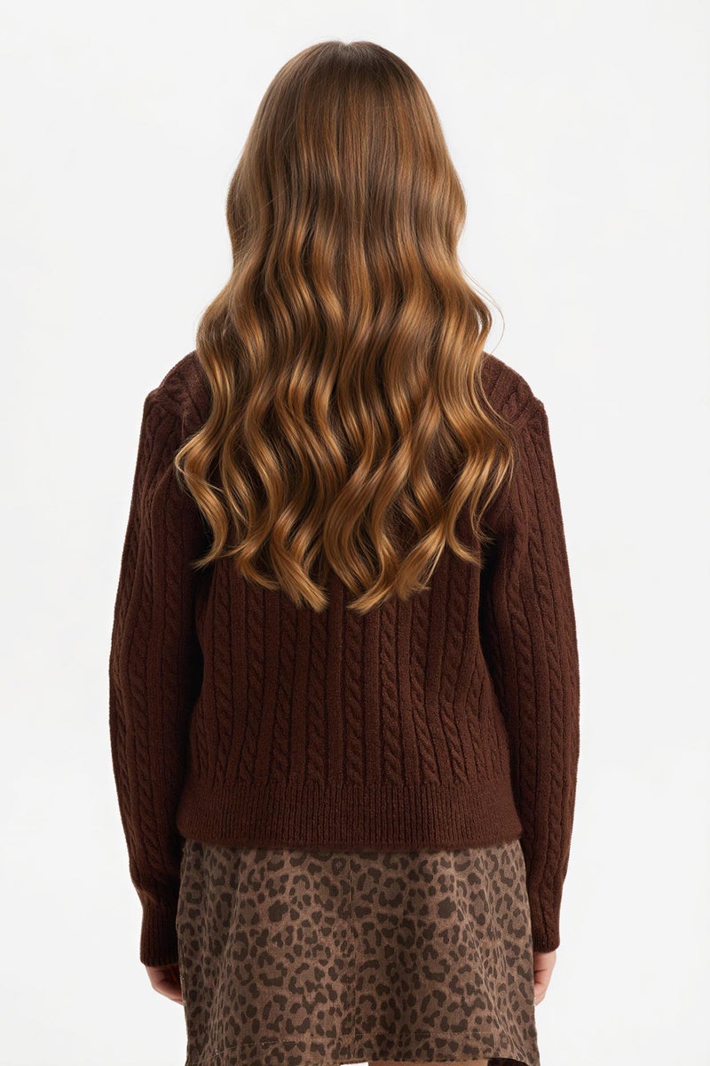 DeFacto Brown Girl Girl Crew Neck Knit Cardigan Casual - Image 5
